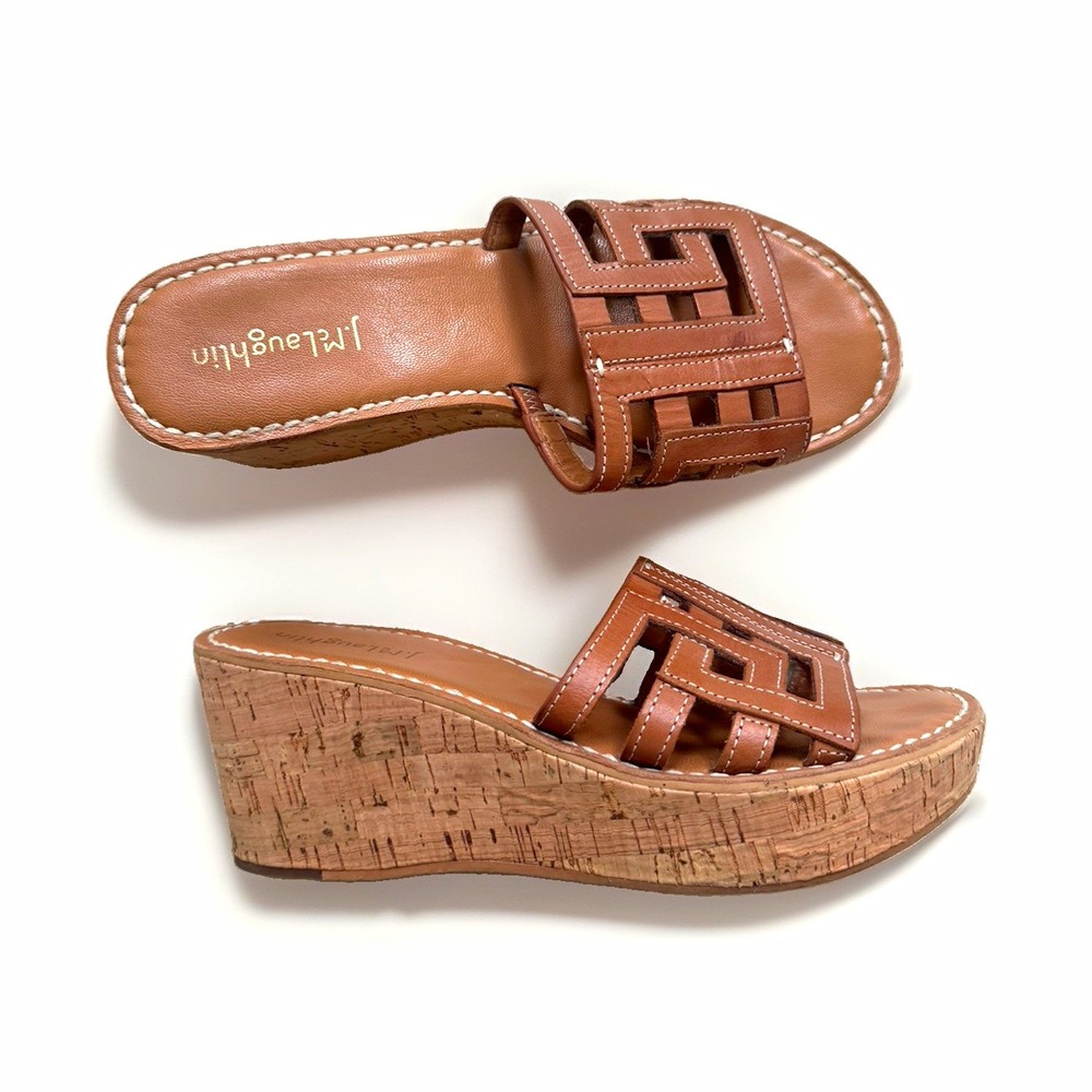 J. McLaughlin Womens Sz 6.5 Brown Leather Slip On Slide Wedge Sandals